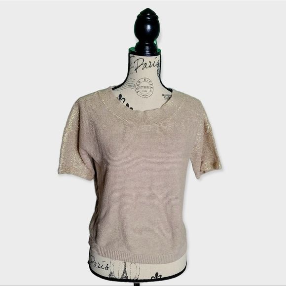 LOFT Knit 100% Cotton Tan and Gold Short Sleeve Top Size Medium - Picture 1 of 11